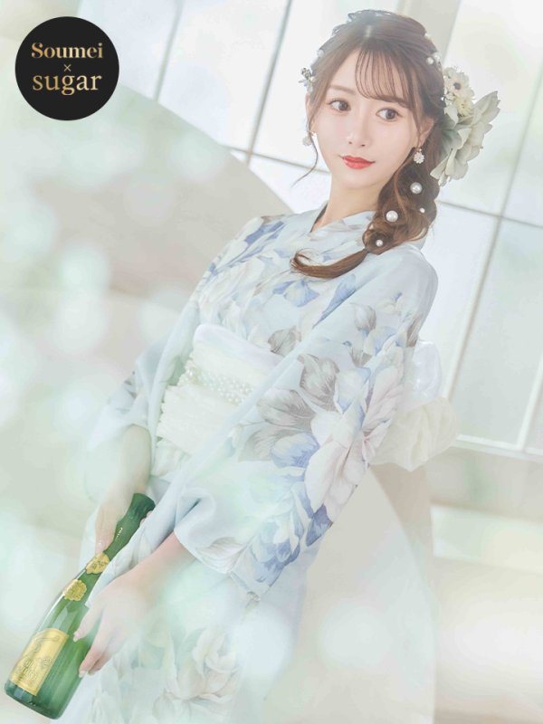 画像3: 【即日発送】クラシカルローズブルー浴衣【浴衣３点セット 浴衣/帯/下駄】[YMT] (3)