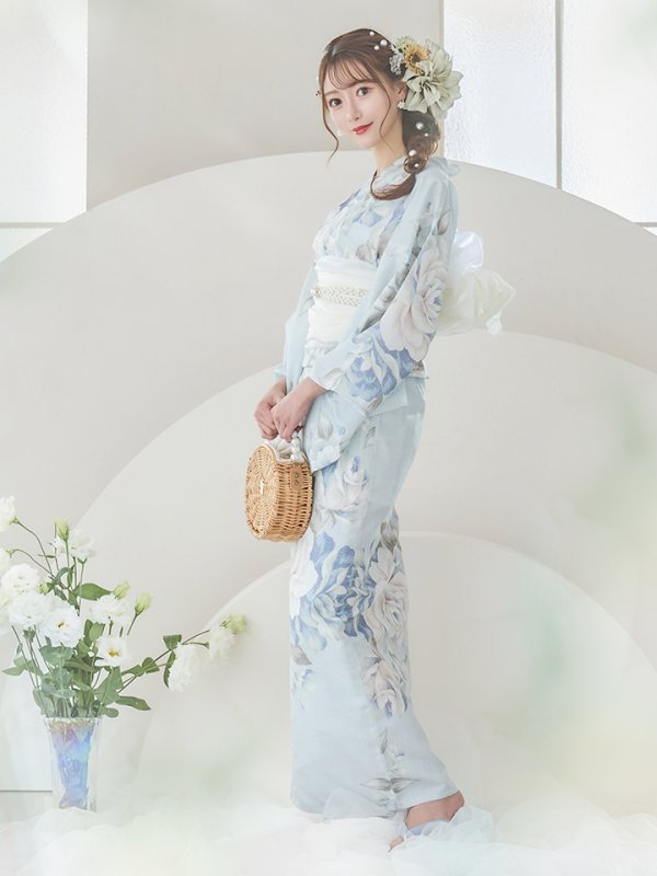 画像4: 【即日発送】クラシカルローズブルー浴衣【浴衣３点セット 浴衣/帯/下駄】[YMT] (4)