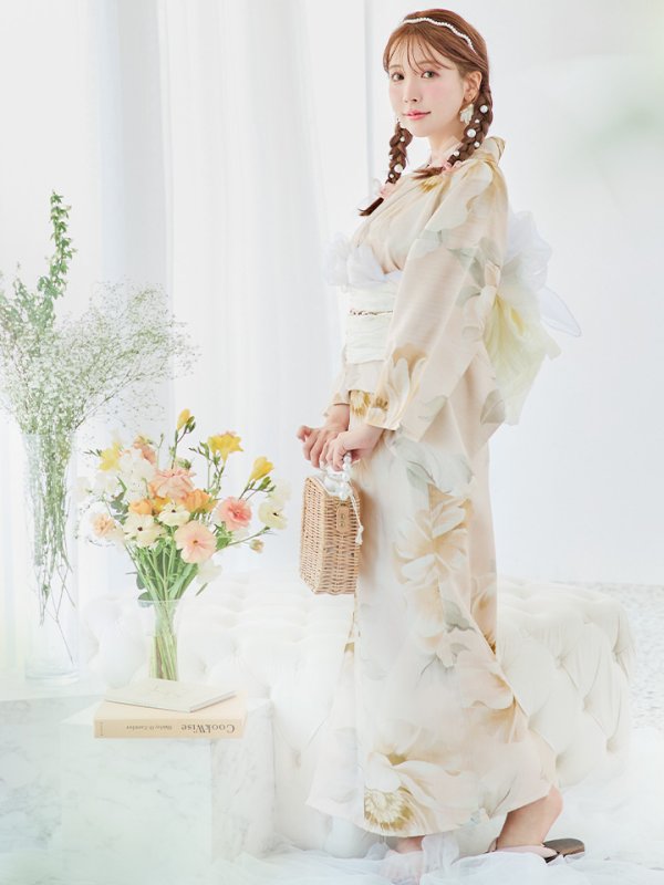 画像2: 【即日発送！】クリームイエローピオニー浴衣【浴衣３点セット 浴衣/帯/下駄】[YMT] (2)