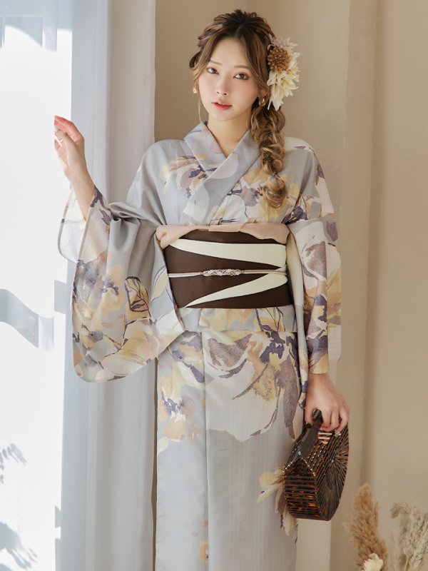 画像5: 【即日発送！】グレージュニュアンスフラワー浴衣【浴衣３点セット 浴衣/帯/下駄】[YMT] (5)