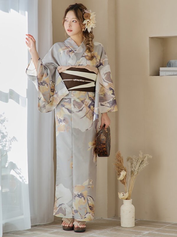 画像6: 【即日発送！】グレージュニュアンスフラワー浴衣【浴衣３点セット 浴衣/帯/下駄】[YMT] (6)