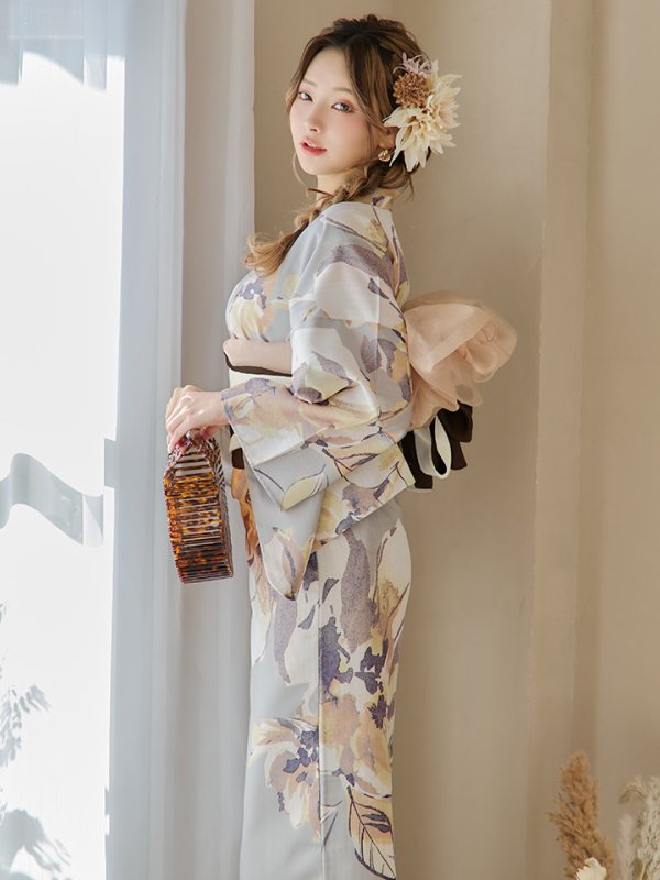 画像7: 【即日発送！】グレージュニュアンスフラワー浴衣【浴衣３点セット 浴衣/帯/下駄】[YMT] (7)