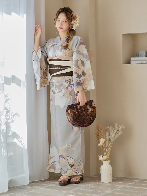 画像9: 【即日発送！】グレージュニュアンスフラワー浴衣【浴衣３点セット 浴衣/帯/下駄】[YMT] (9)