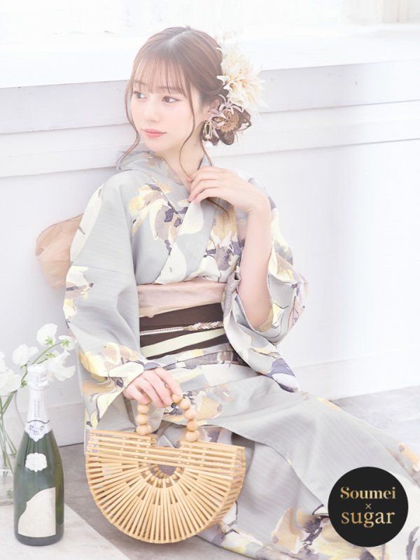 画像1: 【即日発送！】グレージュニュアンスフラワー浴衣 OBI-hira-100-ok-2-BRxBE / HIMO-900-yn-7-MOC / HEKO-800-sb-3-BR / YA-72-kn-MOC / YA-496-kj-W / GETA-01-kj-5-MOC/ [YMT] (1)