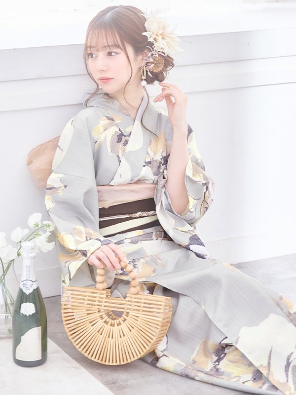 画像15: 【即日発送！】グレージュニュアンスフラワー浴衣【浴衣３点セット 浴衣/帯/下駄】[YMT] (15)