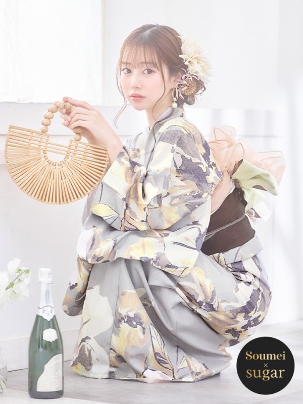 画像2: 【即日発送！】グレージュニュアンスフラワー浴衣【浴衣３点セット 浴衣/帯/下駄】[YMT] (2)