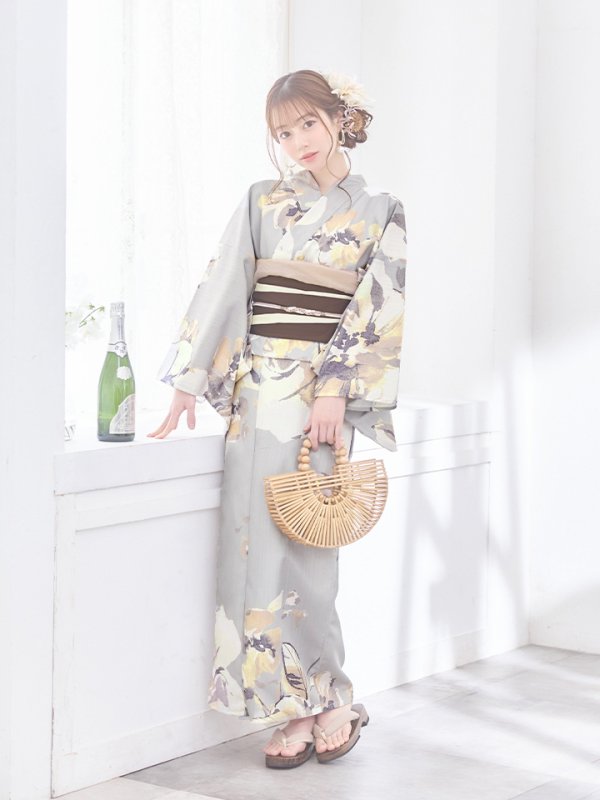 画像4: 【即日発送！】グレージュニュアンスフラワー浴衣【浴衣３点セット 浴衣/帯/下駄】[YMT] (4)
