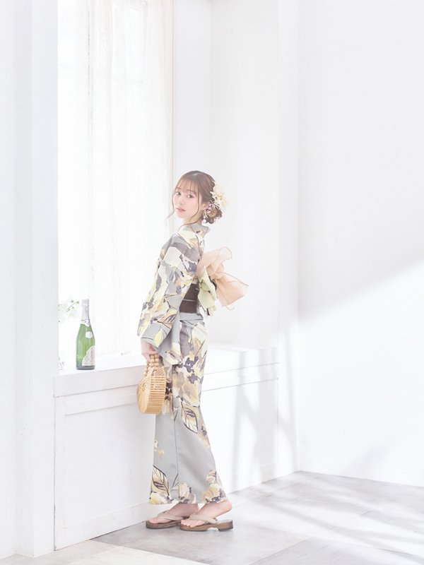 画像6: 【即日発送！】グレージュニュアンスフラワー浴衣【浴衣３点セット 浴衣/帯/下駄】[YMT] (6)