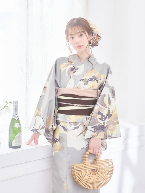 画像7: 【即日発送！】グレージュニュアンスフラワー浴衣【浴衣３点セット 浴衣/帯/下駄】[YMT] (7)