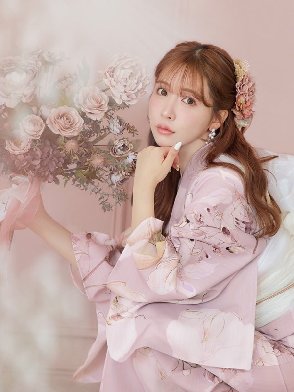 画像9: 【即日発送】大人くすみピンクx牡丹浴衣【浴衣３点セット 浴衣/帯/下駄】[YMT] (9)