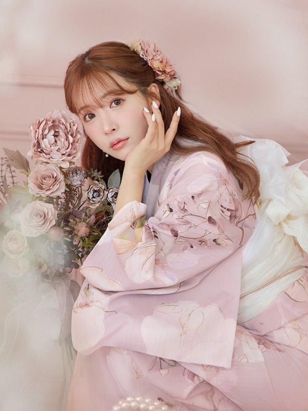 画像2: 【即日発送】大人くすみピンクx牡丹浴衣【浴衣３点セット 浴衣/帯/下駄】[YMT] (2)