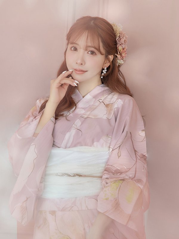 画像3: 【即日発送】大人くすみピンクx牡丹浴衣【浴衣３点セット 浴衣/帯/下駄】[YMT] (3)