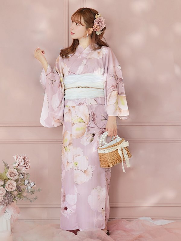 画像4: 【即日発送】大人くすみピンクx牡丹浴衣【浴衣３点セット 浴衣/帯/下駄】[YMT] (4)
