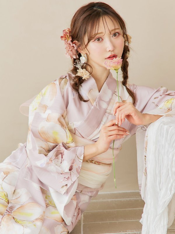 画像1: 【即日発送！】大人くすみピンクx牡丹浴衣 OBI-siwa-200-kj-13-OW / HIMO-900-yn-8-P / HEKO-800-sb-4-P / YA-74-kn-P / YA-1081-kj-P / GETA-01-kj-7-P / [YMT] (1)