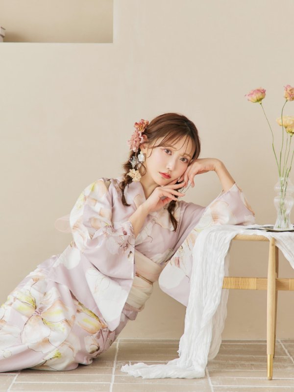 画像2: 【即日発送！】大人くすみピンクx牡丹浴衣【浴衣３点セット 浴衣/帯/下駄】[YMT] (2)