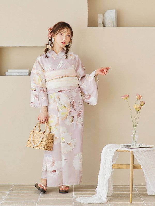 画像4: 【即日発送！】大人くすみピンクx牡丹浴衣【浴衣３点セット 浴衣/帯/下駄】[YMT] (4)