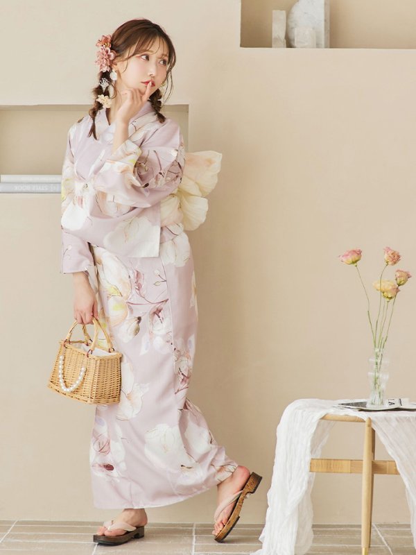 画像12: 【即日発送！】大人くすみピンクx牡丹浴衣【浴衣３点セット 浴衣/帯/下駄】[YMT] (12)