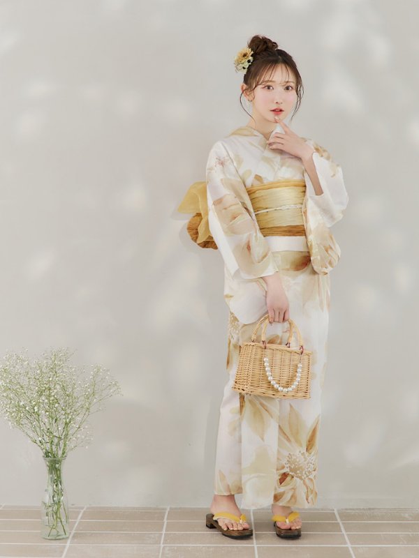 画像5: 【即日発送！】水彩イエローフラワー浴衣【浴衣３点セット 浴衣/帯/下駄】[YMT] (5)