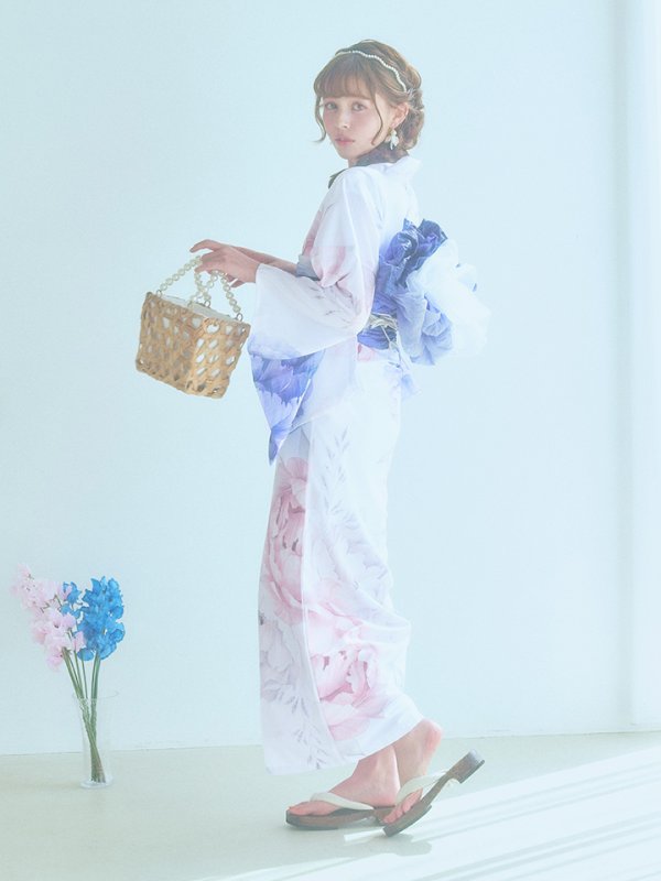 画像10: 【即日発送】ホワイト×ピオニー浴衣【浴衣３点セット 浴衣/帯/下駄】[YMT] (10)