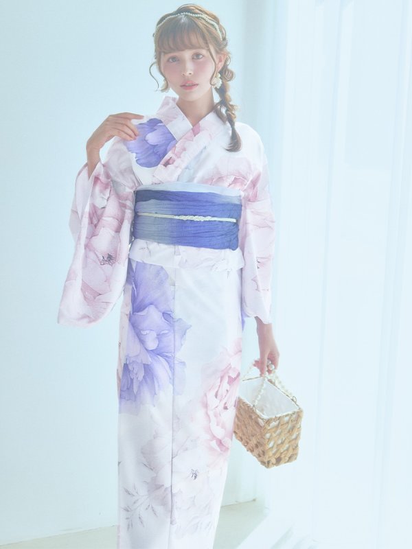 画像12: 【即日発送】ホワイト×ピオニー浴衣【浴衣３点セット 浴衣/帯/下駄】[YMT] (12)