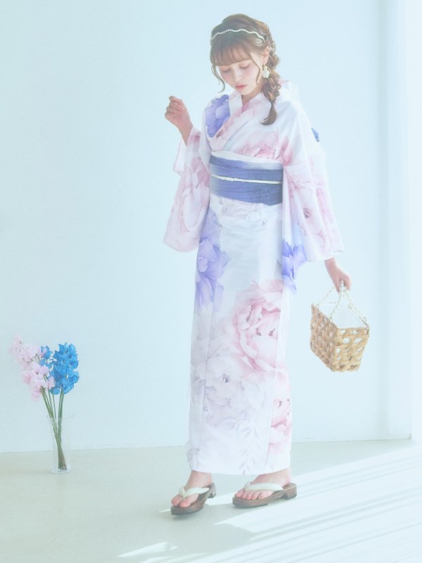 画像3: 【即日発送】ホワイト×ピオニー浴衣【浴衣３点セット 浴衣/帯/下駄】[YMT] (3)