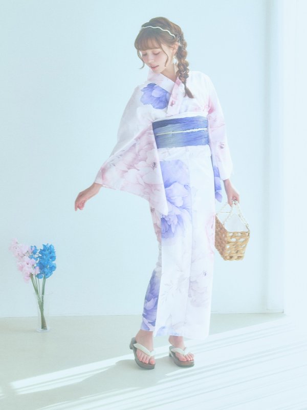画像8: 【即日発送】ホワイト×ピオニー浴衣【浴衣３点セット 浴衣/帯/下駄】[YMT] (8)