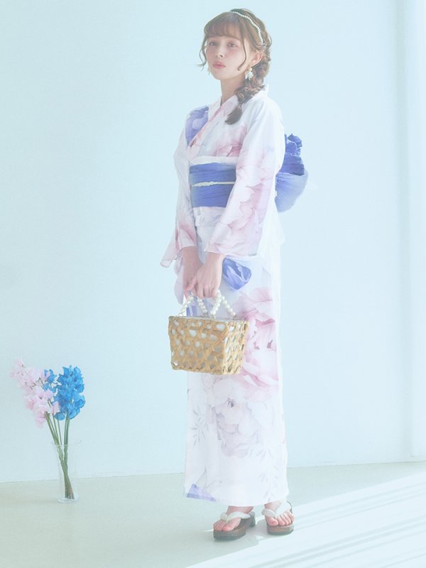 画像9: 【即日発送】ホワイト×ピオニー浴衣【浴衣３点セット 浴衣/帯/下駄】[YMT] (9)