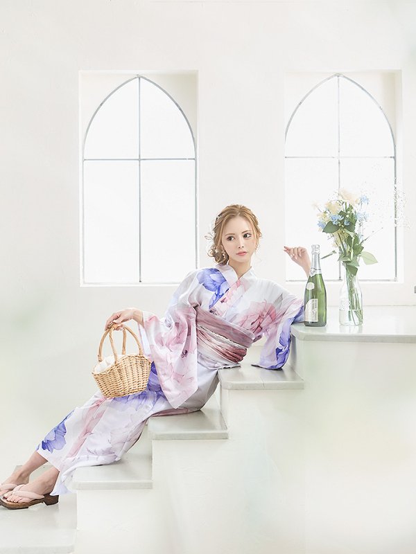 画像11: 【即日発送】ホワイト×ピオニー浴衣【浴衣３点セット 浴衣/帯/下駄】[YMT] (11)