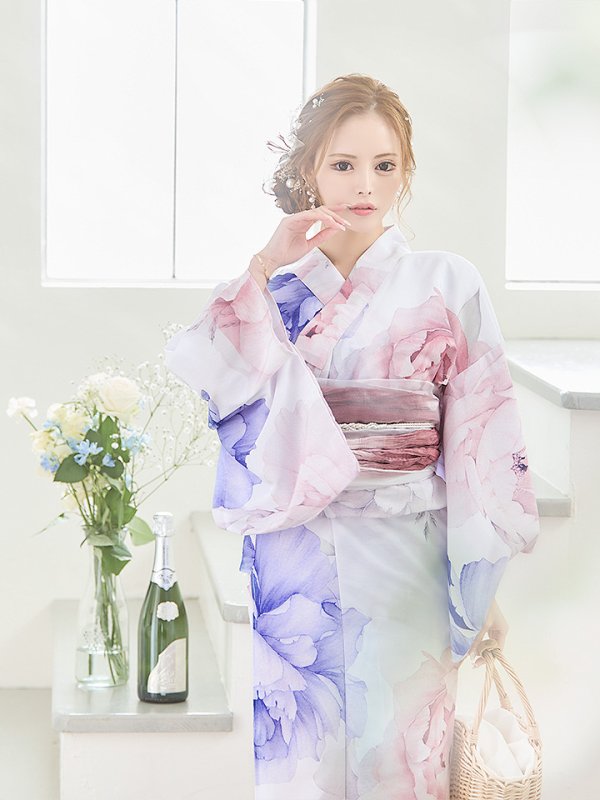 画像15: 【即日発送】ホワイト×ピオニー浴衣【浴衣３点セット 浴衣/帯/下駄】[YMT] (15)