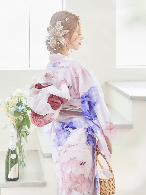 画像16: 【即日発送】ホワイト×ピオニー浴衣【浴衣３点セット 浴衣/帯/下駄】[YMT] (16)