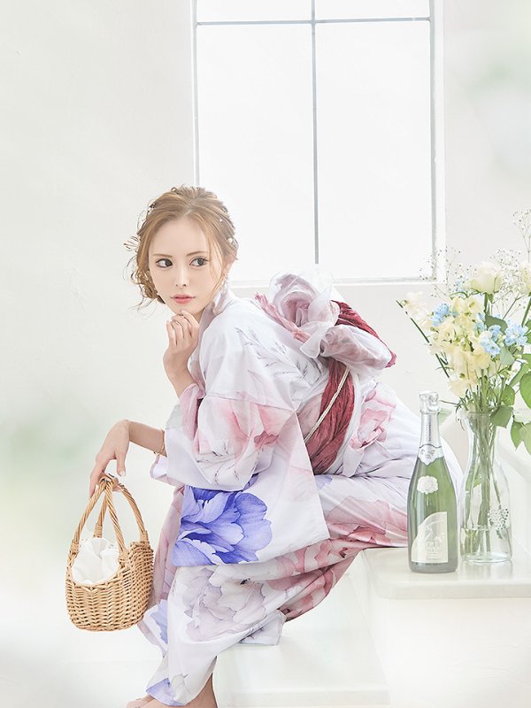 画像5: 【即日発送】ホワイト×ピオニー浴衣【浴衣３点セット 浴衣/帯/下駄】[YMT] (5)