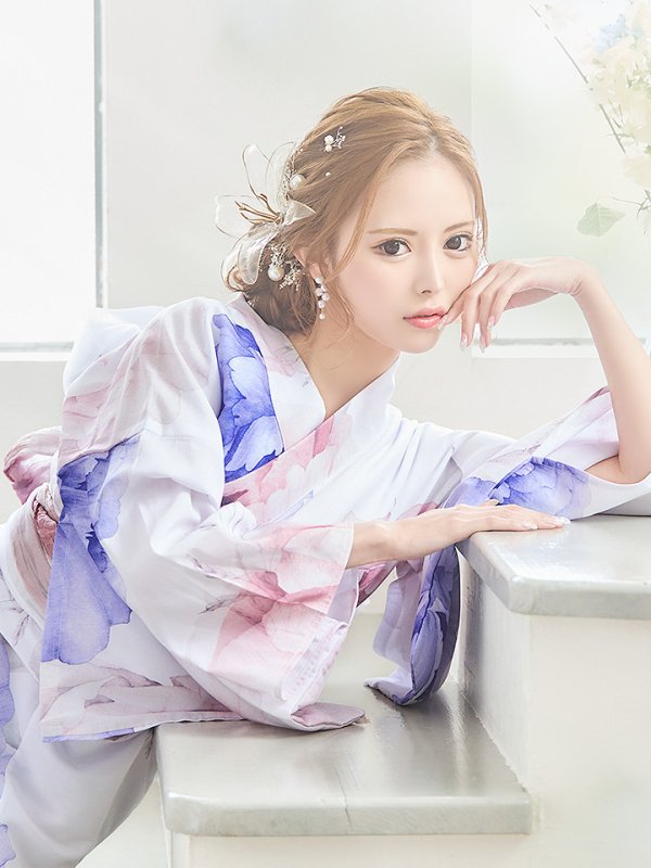 画像6: 【即日発送】ホワイト×ピオニー浴衣【浴衣３点セット 浴衣/帯/下駄】[YMT] (6)