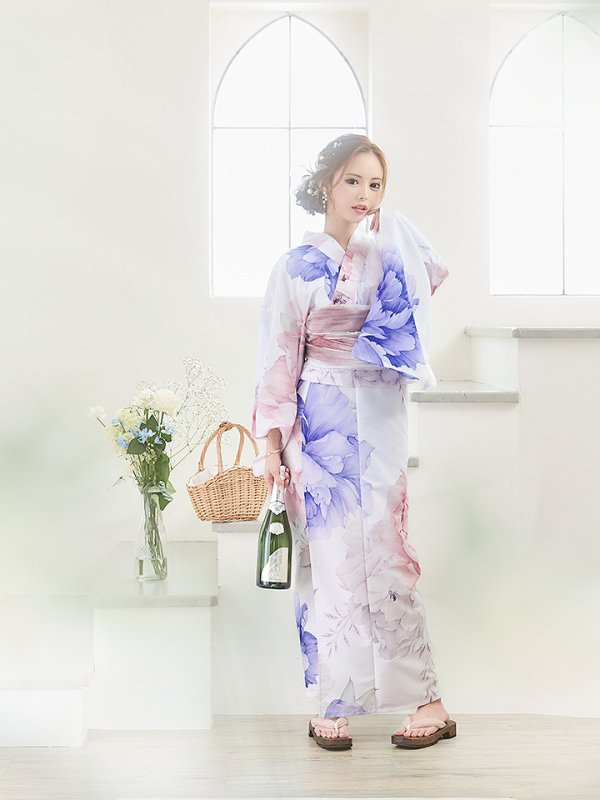 画像9: 【即日発送】ホワイト×ピオニー浴衣【浴衣３点セット 浴衣/帯/下駄】[YMT] (9)