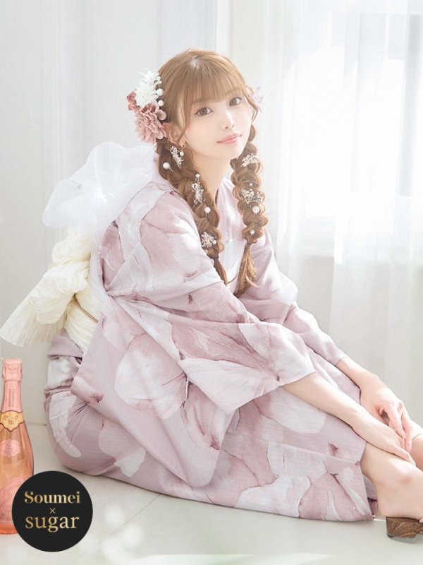 画像1: 【即日発送！】くすみピンクブロッサム浴衣【浴衣３点セット 浴衣/帯/下駄】[YMT] (1)