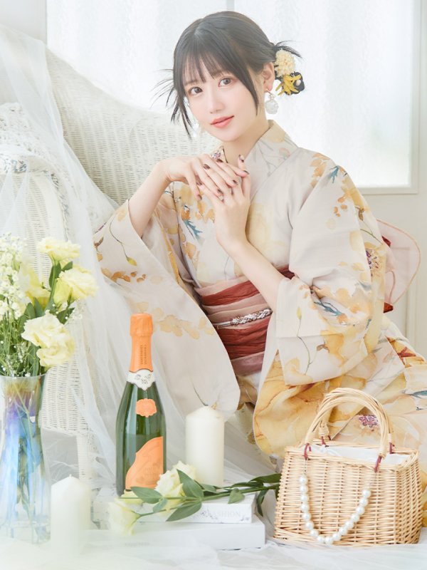 画像11: 【即日発送！】イエローベージュフラワー浴衣【浴衣３点セット 浴衣/帯/下駄】[YMT] (11)