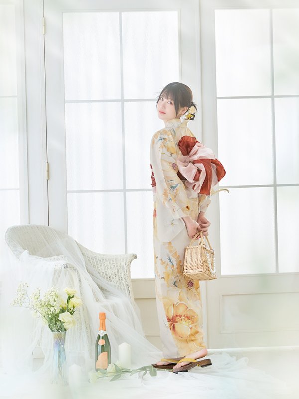 画像13: 【即日発送！】イエローベージュフラワー浴衣【浴衣３点セット 浴衣/帯/下駄】[YMT] (13)