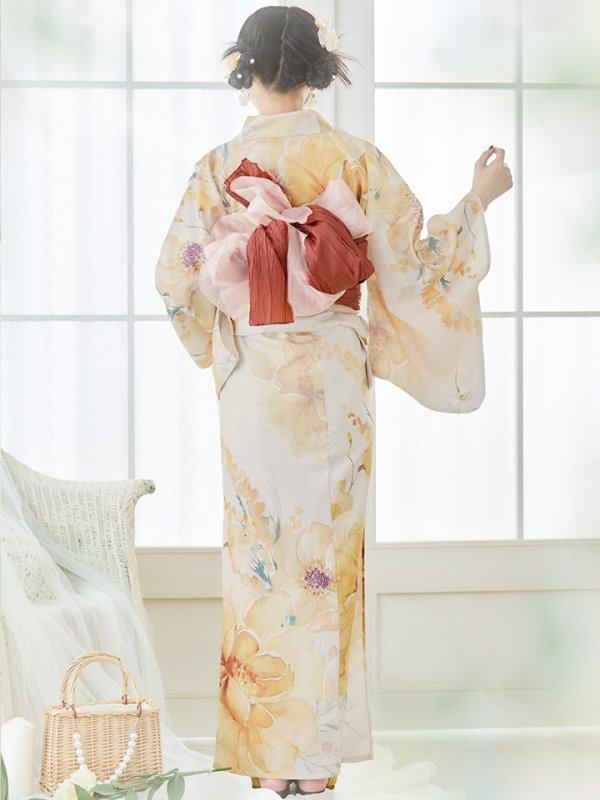 画像18: 【即日発送！】イエローベージュフラワー浴衣【浴衣３点セット 浴衣/帯/下駄】[YMT] (18)