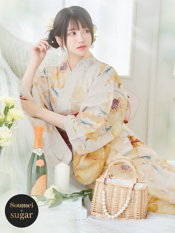 画像2: 【即日発送！】イエローベージュフラワー浴衣【浴衣３点セット 浴衣/帯/下駄】[YMT] (2)