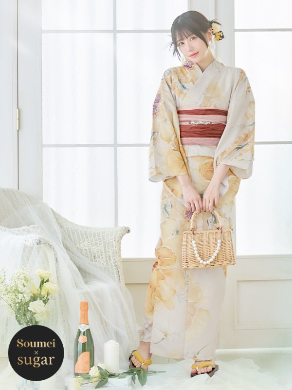 画像3: 【即日発送！】イエローベージュフラワー浴衣【浴衣３点セット 浴衣/帯/下駄】[YMT] (3)