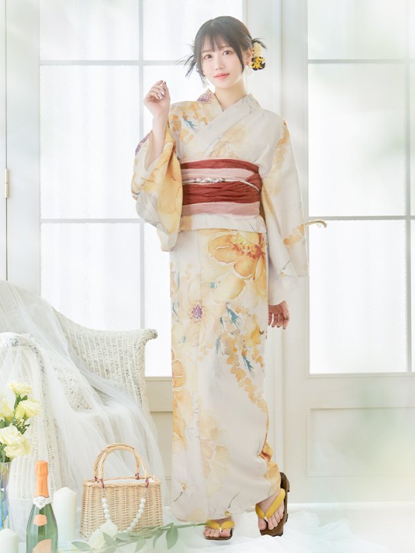 画像4: 【即日発送！】イエローベージュフラワー浴衣【浴衣３点セット 浴衣/帯/下駄】[YMT] (4)