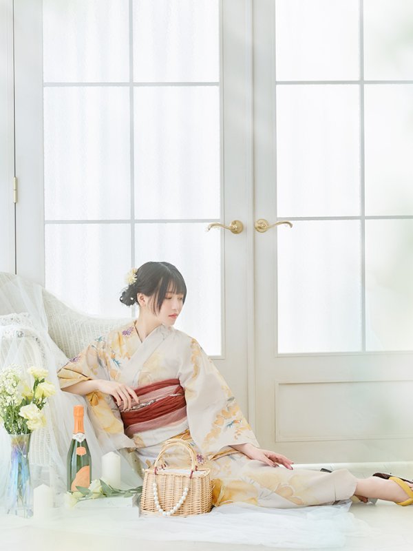 画像7: 【即日発送！】イエローベージュフラワー浴衣【浴衣３点セット 浴衣/帯/下駄】[YMT] (7)