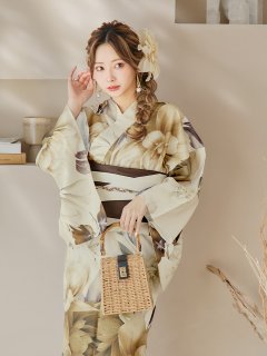 ブラウンベージュクラシックフラワー浴衣