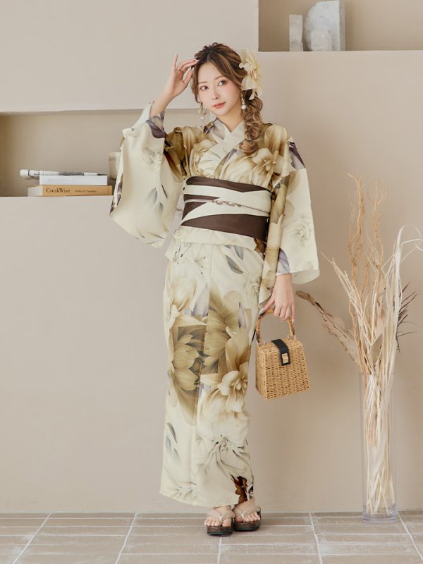 画像10: 【即日発送】ブラウンベージュクラシックフラワー浴衣【浴衣３点セット 浴衣/帯/下駄】[YMT] (10)