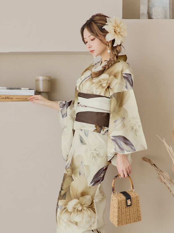 画像14: 【即日発送】ブラウンベージュクラシックフラワー浴衣【浴衣３点セット 浴衣/帯/下駄】[YMT] (14)