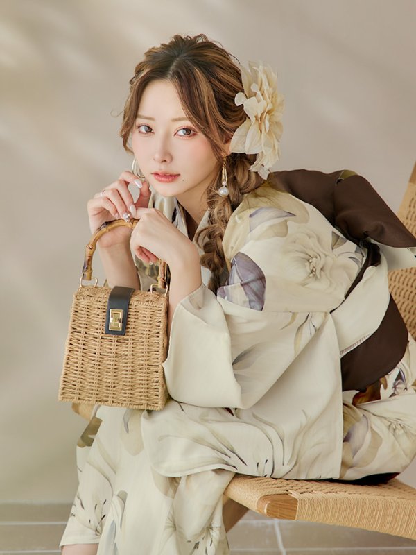 画像15: 【即日発送】ブラウンベージュクラシックフラワー浴衣【浴衣３点セット 浴衣/帯/下駄】[YMT] (15)