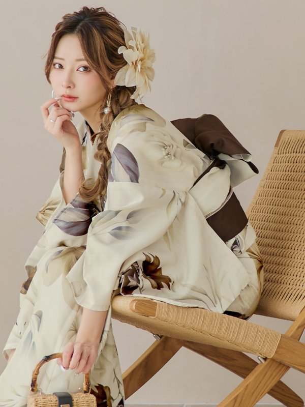 画像17: 【即日発送】ブラウンベージュクラシックフラワー浴衣【浴衣３点セット 浴衣/帯/下駄】[YMT] (17)