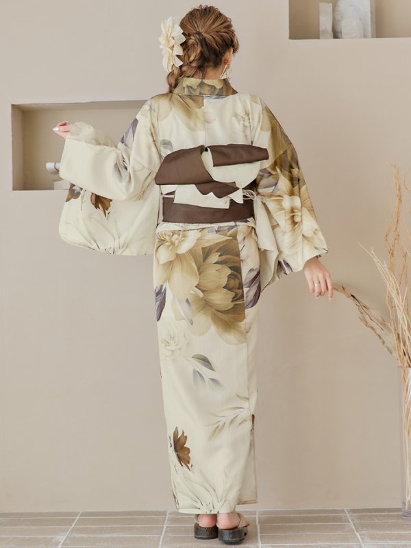 画像19: 【即日発送】ブラウンベージュクラシックフラワー浴衣【浴衣３点セット 浴衣/帯/下駄】[YMT] (19)