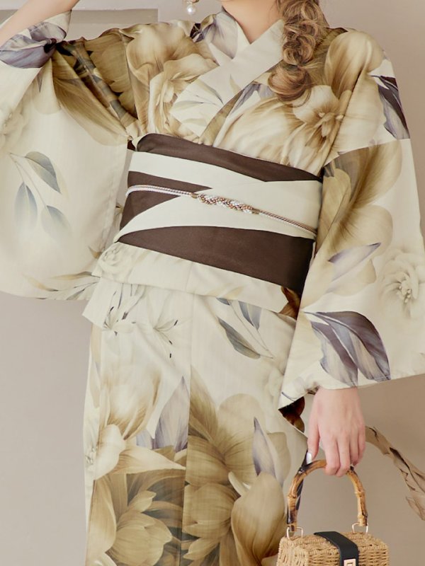 画像20: 【即日発送】ブラウンベージュクラシックフラワー浴衣【浴衣３点セット 浴衣/帯/下駄】[YMT] (20)