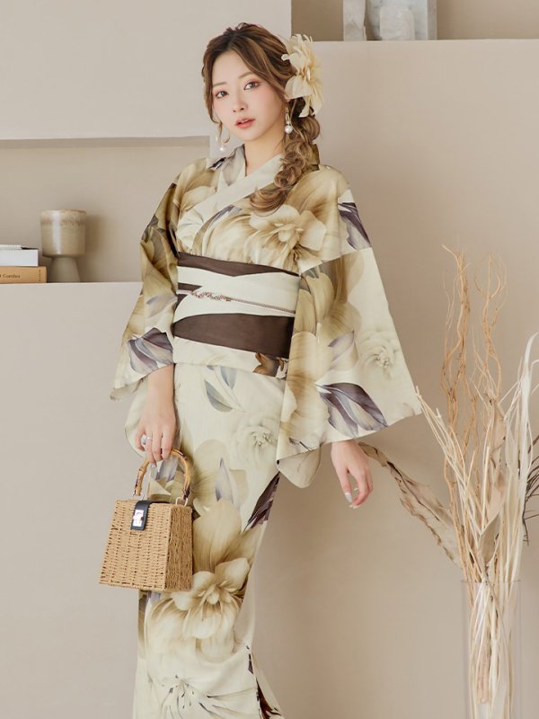 画像3: 【即日発送】ブラウンベージュクラシックフラワー浴衣【浴衣３点セット 浴衣/帯/下駄】[YMT] (3)