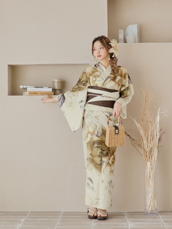 画像6: 【即日発送】ブラウンベージュクラシックフラワー浴衣【浴衣３点セット 浴衣/帯/下駄】[YMT] (6)